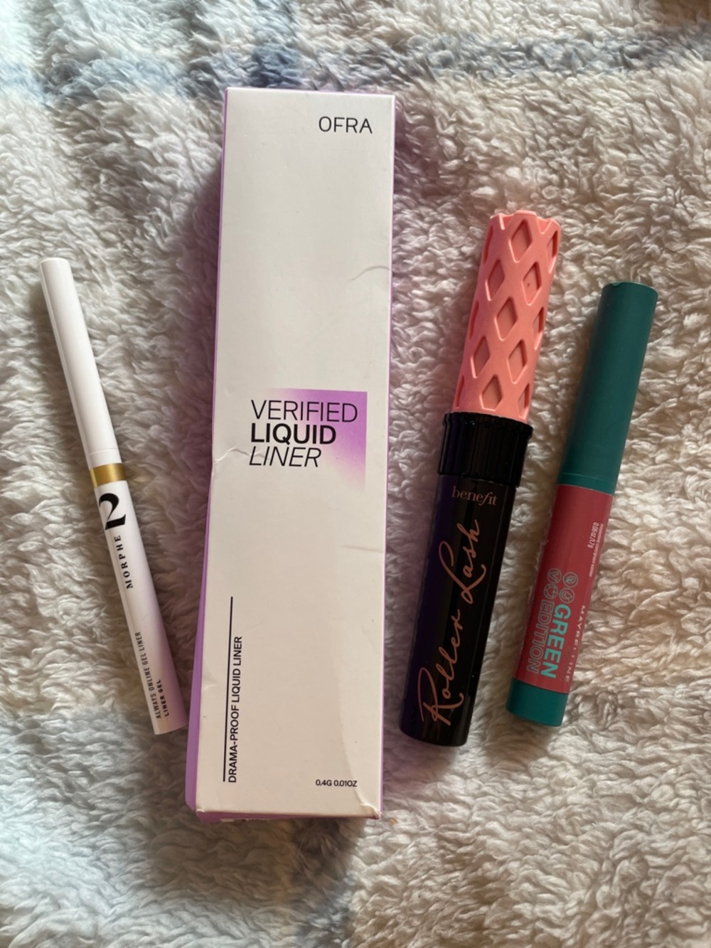 OFRA Verified Liquid Liner , benefit roller lash, maybeline lip blush, morphe